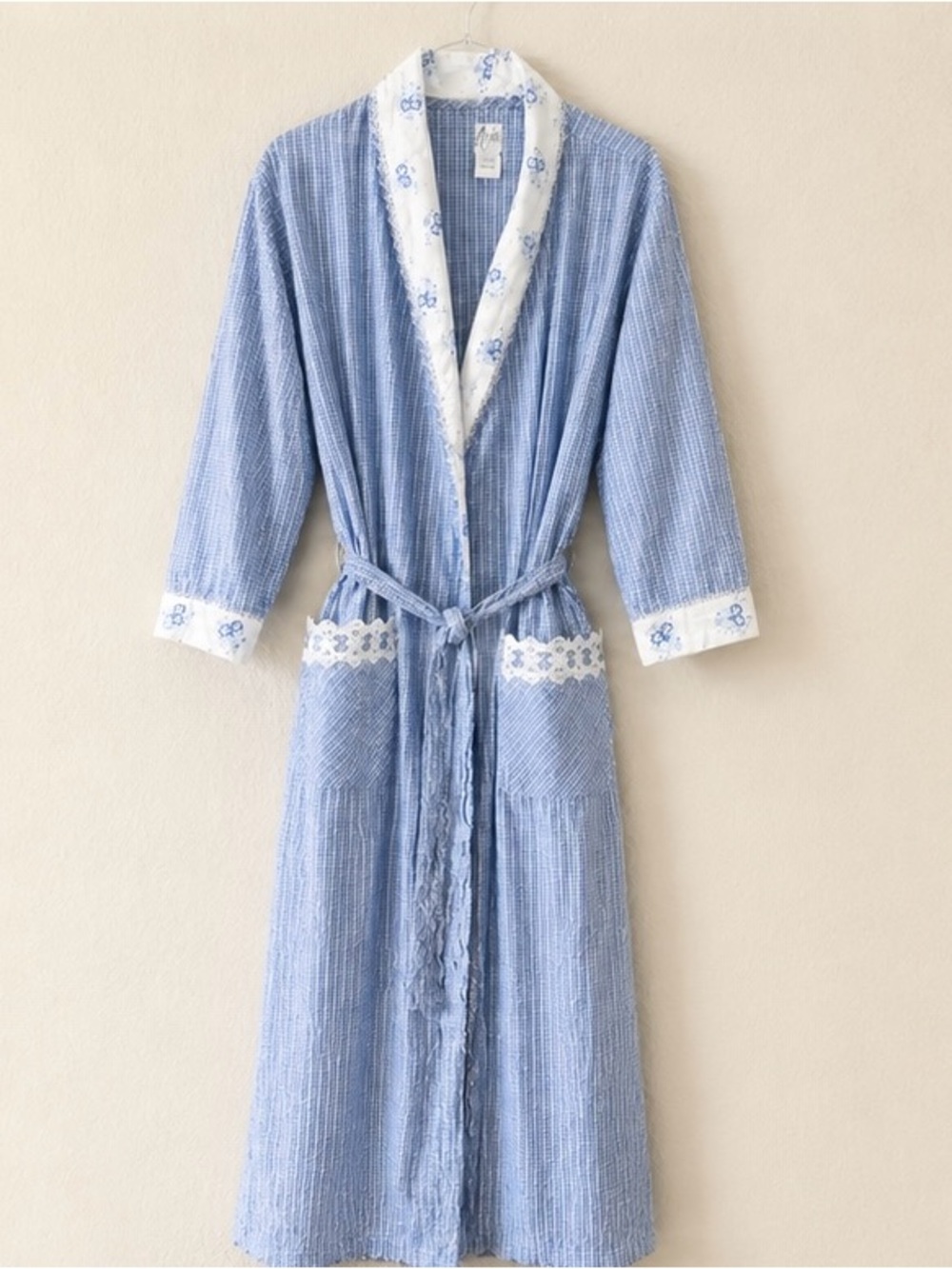 Vintage Aria Blue Plaid Cotton Robe Floral Lace Trim Hong Kong M Shabby Chic